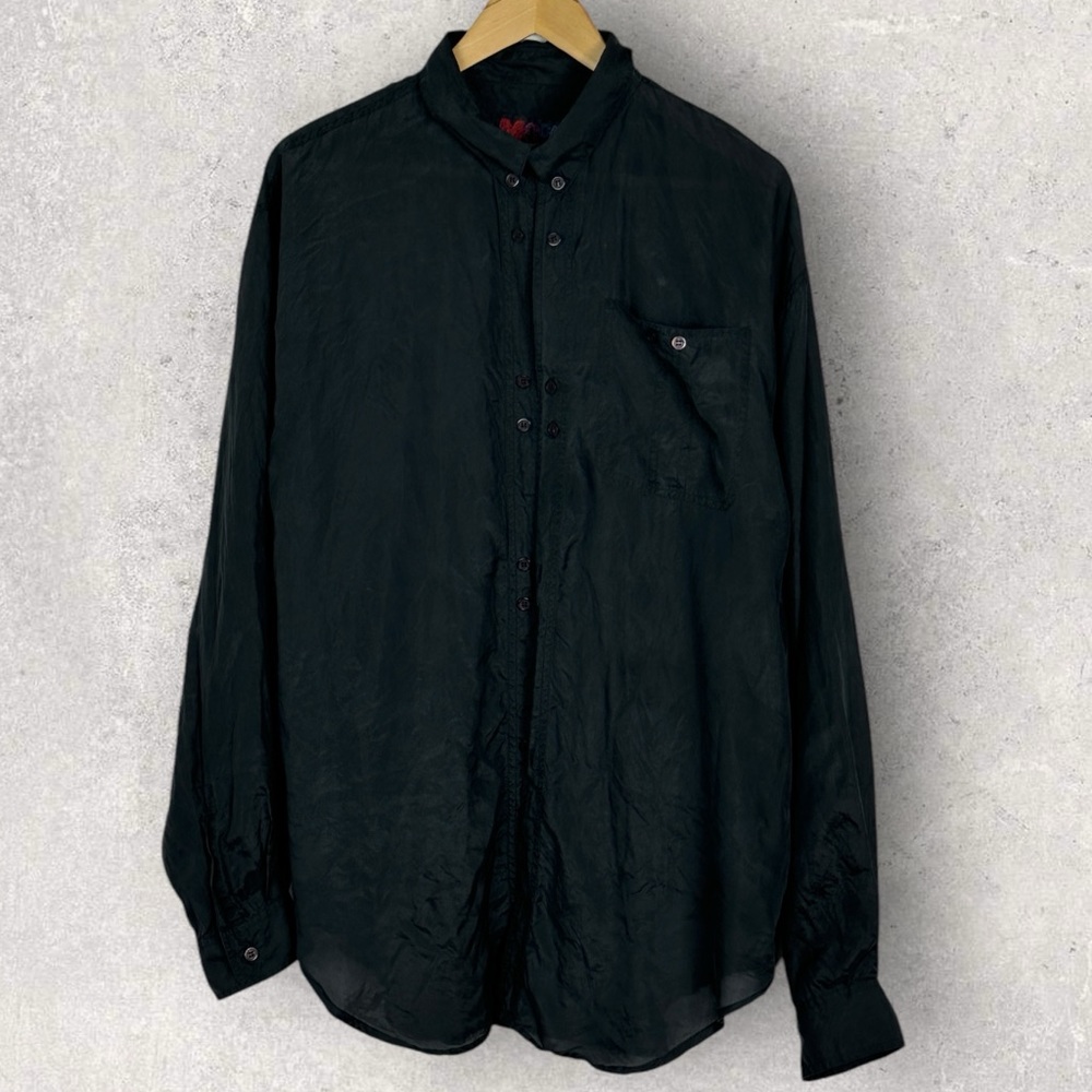 Vintage Moda 100% Silk Black Button Down Collared Shirt Size Large Long Sleeve L